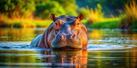 Fototapeta premium Majestic Hippo Relaxing in Serene Water, Showcasing Its Unique Features and Natural Habitat Beauty