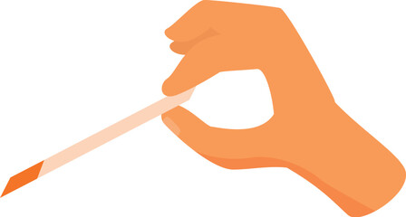 Hand is holding an orange urine test strip, used to check for various health indicators