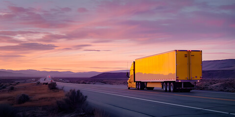 Obraz premium Trailer color amarillo en una carretera en el desierto al amanecer con el cielo morado