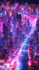 Obraz premium Craft a striking visual representation of a vibrant cityscape where buildings morph into interconnected neural networks, symbolizing a communitys shared consciousness Play with light and shadow to