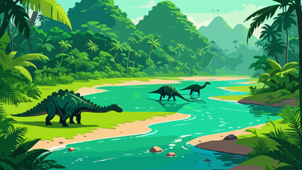 vector illustration of dinosaur is green and big he likes to live in nature or adventure or incredible place.