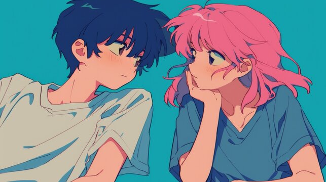 A retro anime boy with dark blue hair  , sits beside his pink-haired girlfriend, both gazing at each other lovingly. 