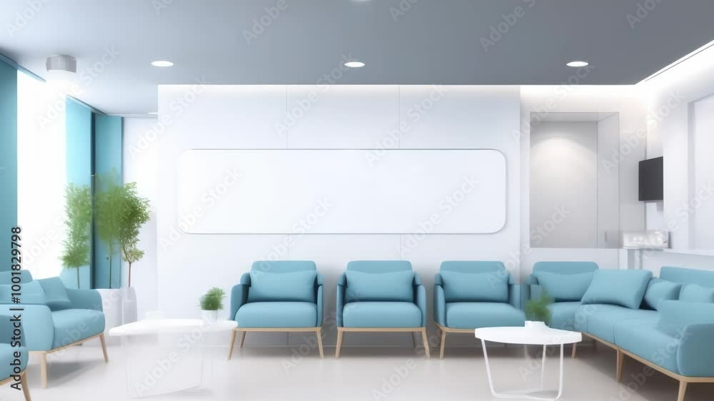 Poster comfortable blue armchairs standing in two rows in a modern and minimal waiting room, a large empty 