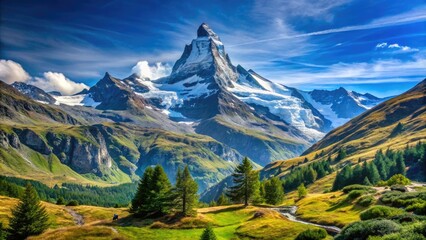 Fototapeta premium Majestic Matterhorn Peak in the Swiss Alps Surrounded by Clear Blue Skies and Serene Landscape