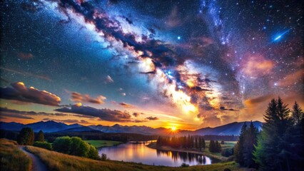 Fototapeta premium Majestic Night Sky Filled with Stars and Celestial Wonders Over a Serene Landscape at Dusk