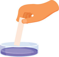 Hand holding a piece of litmus paper over a petri dish containing blue liquid