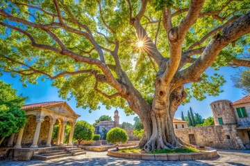 Obraz premium Majestic Plane Tree of Hippocrates in Kos, Greece Surrounded by Ancient Architecture and Nature