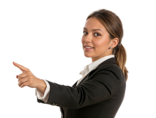 Mulher elegante sorridente com o dedo indicador apontando para o lado, apresentando algo