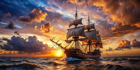 Majestic Pirate Ship Sailing the Open Sea at Sunset with Dramatic Clouds and Waves in the Background