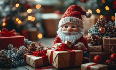 Christmas decoration with Santa Claus toy and gift box on bokeh background. Santa Claus on a small wooden sleigh with gifts. Christmas greeting card.