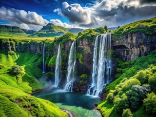 Fototapeta premium Majestic Seven Sisters Waterfall Cascading Down Lush Green Cliffs in Stunning Natural Landscape