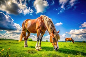 Obraz premium Majestic Side View of a Horse Grazing in a Green Field Under a Bright Blue Sky on a Sunny Day