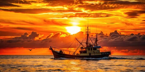 Fototapeta premium Majestic Silhouette of a Fishing Trawler Against a Vibrant Sunset Over Calm Ocean Waters