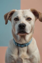 Obraz premium Light-colored dog with blue collar in front of colorful grid pattern background