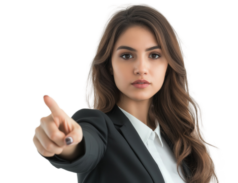 Mulher de negócios apontando o dedo para frente em sinal de citação de algo