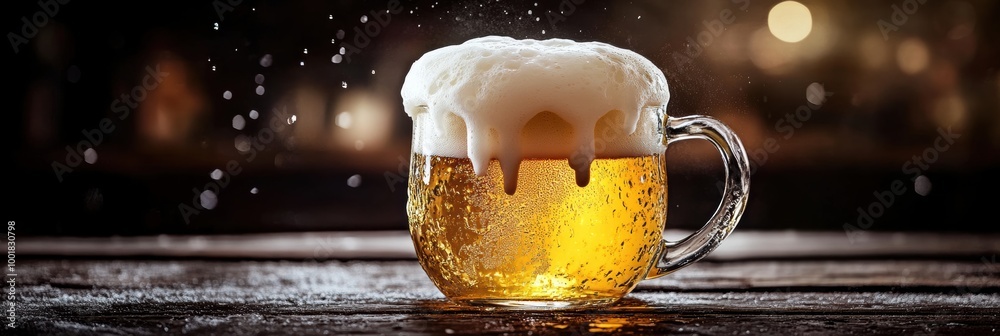 Poster a close-up of a frothy beer mug spilling over, resting on a rustic wooden table in a cozy pub settin