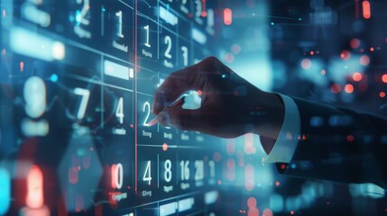 A hand reaches out to touch a digital screen filled with data and numbers.