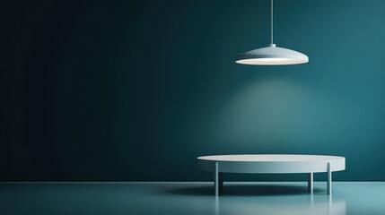 Modern White Table with Teal Wall and Pendant Lamp