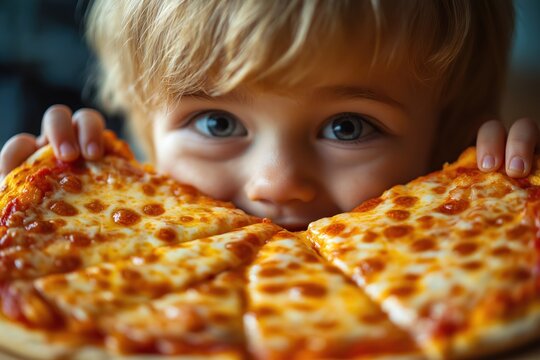 Olhos curiosos de uma crian&ccedil;a em frente a uma pizza irresist&iacute;vel. A imagem captura a tenta&ccedil;&atilde;o da comida e a import&acirc;ncia da nutri&ccedil;&atilde;o infantil, despertando o desejo e a curiosidade sobre os alimentos.