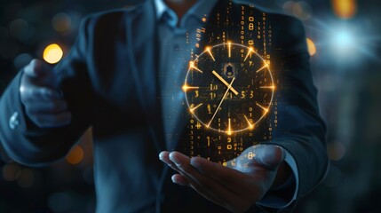 A businessman holds a glowing clock in his hand, showcasing the importance of time in the digital age.