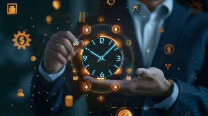 A businessman holds a glowing clock in his hands, surrounded by abstract digital symbols. The image suggests the importance of time management and efficiency in the business world.