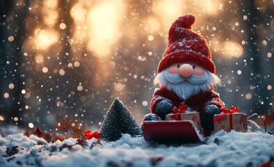 Christmas decoration with Santa Claus toy and gift box on bokeh background. Santa Claus on a small wooden sleigh with gifts. Christmas greeting card.