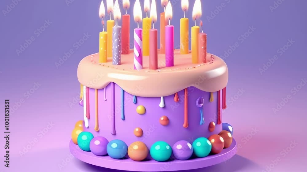 Poster festive 3d illustration of a cake with dripping icing and burning candles, perfect for adding a touc
