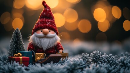 Obraz premium Christmas decoration with Santa Claus toy and gift box on bokeh background. Santa Claus on a small wooden sleigh with gifts. Christmas greeting card.
