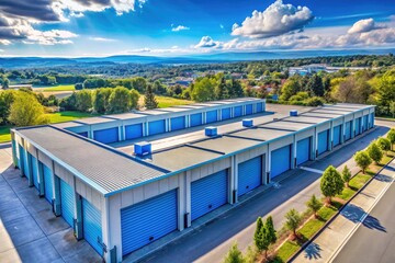 Fototapeta premium Modern Self Storage Facility Exterior with Secure Units and Clear Blue Sky in Urban Environment