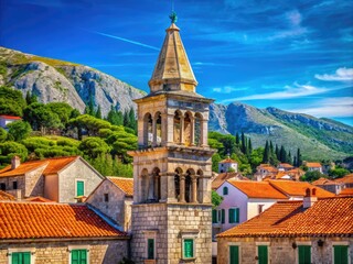 Obraz premium Moorish Architectural Tower in Stari Grad, Croatia Showcasing Historic Design and Cultural Heritage