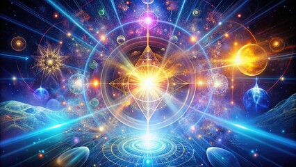Fototapeta premium Mystical claircognizance concept with light beams and abstract symbols representing intuitive knowledge