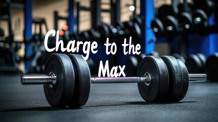 Heavyweight barbell in focus at gym with motivational quote charge to the max sport