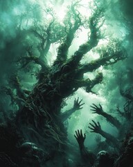 Obraz premium Enigmatic Forest with Twisted Trees and Eerie Hands