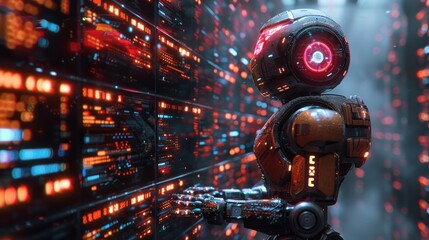 Fototapeta premium Robot Interacting with Digital Data