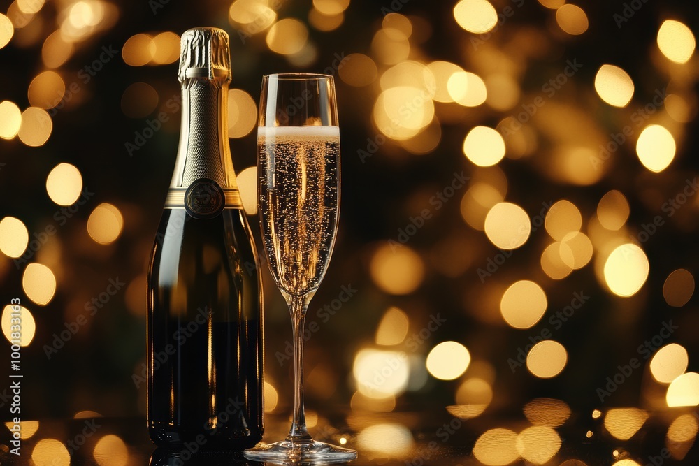 Poster a celebratory bottle of champagne alongside a flute of sparkling wine with shimmering bokeh lights i
