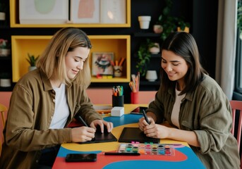 Fototapeta premium Two Women Using Tablets and Pens