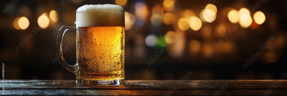 Aufkleber A frothy beer mug overflows with foam, capturing a cozy atmosphere on a rustic wooden table in a warm, inviting setting. Generative AI