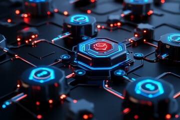 Obraz premium 3D cybersecurity system, with interconnected nodes glowing in blue and red as they monitor and defend against digital threats