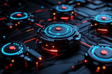 Obraz premium 3D cybersecurity system, with interconnected nodes glowing in blue and red as they monitor and defend against digital threats