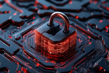 3D digital lock representing secure data, with layers of encryption swirling around it in a complex, geometric digital environment
