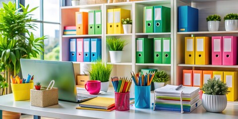 Organized Files on a Desk with Office Supplies, Notebooks, and Stationery for a Productive Workspace