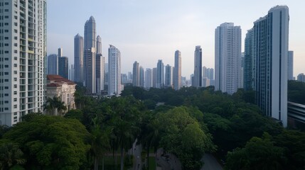 A row of modern office towers dominates the skyline, while lush trees in the foreground emphasize the harmony between nature and urban development