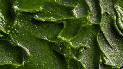 a close-up, top-down view, texture background of molokhia puree spread across the entire frame, featuring its deep green color and smooth texture