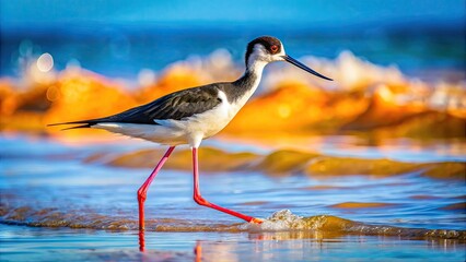 Obraz premium Pied Stilt Wading Through Shallow Water While Searching for Crabs on a Sunny Day at the Shore