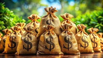 Pile of money bags filled with cash symbolizing wealth, finance, investment, and prosperity concept