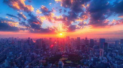 Obraz premium Aerial view of a bustling city skyline at sunset with skyscrapers and busy streets 