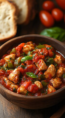 Fototapeta premium Delicious Chicken Cacciatore with Tomatoes and Bell Peppers, Simmered to Perfection in a Rustic Bowl