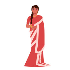 Indian woman in red saree standing. Young beautiful female character with long hair in braid, gold jewelry and traditional dress of India, front view full body portrait cartoon vector illustration