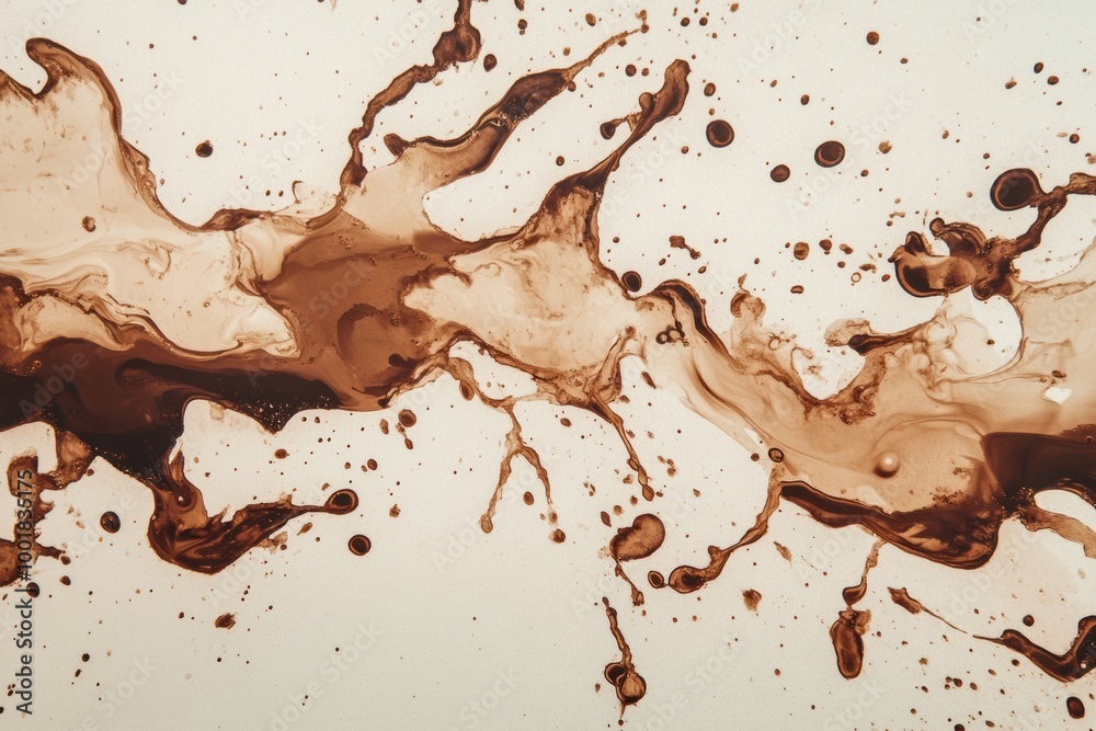 Poster An abstract composition of coffee stains and splashes creating a textured background suitable for various artistic applications. Generative AI