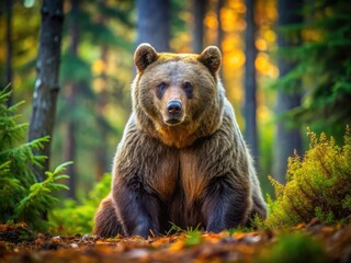 Fototapeta premium Powerful Bear Squatting on Forest Ground in Natural Habitat, Showcasing Strength and Gracefulness
